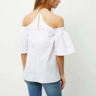 White frill sleeve cold shoulder top